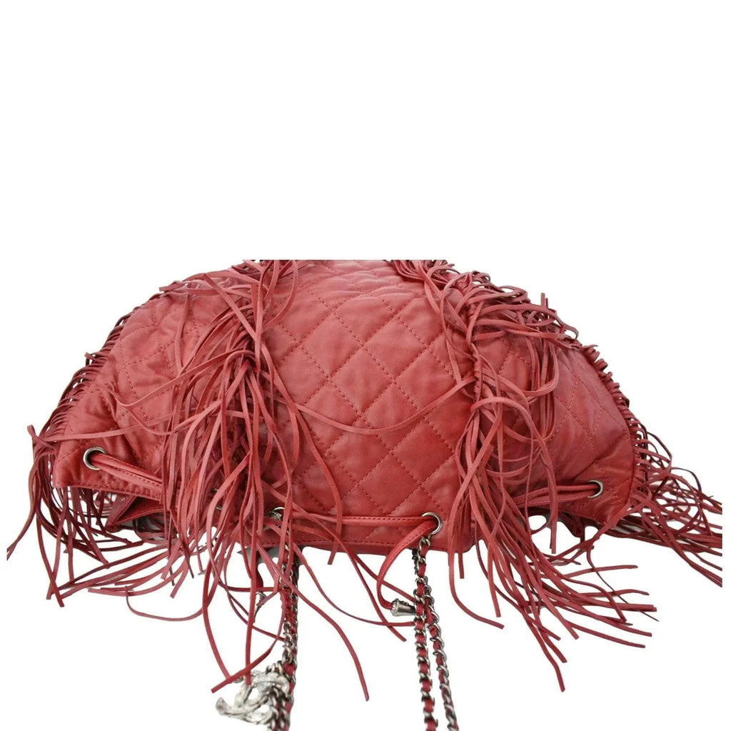 Pre-Loved CHANEL Paris Dallas Drawstring Fringe Leather Shoulder Bag Red