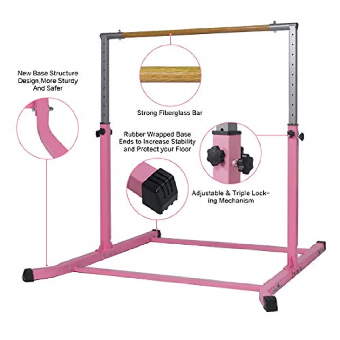 Pro-Gymnastics Expandable Gymnastics Kip Bar Horizontal Bar Junior Gymnastic Training High Bar Asymmetric Bar 13 Level Height Adjustable 3 to 5 FT Cushioned Bar & Curved Legs (Pink)