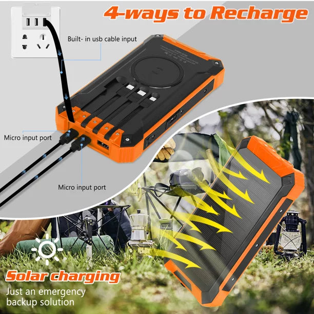 Solar Power Bank 20000mAh Built-in 4 Cables Qi Wireless Charger For BLU G50 Mega with LED Flashlight Solar Portable External Battery IPX4 Waterproof 15W 5V/3A USB C Port 6 Outputs 3 Inputs