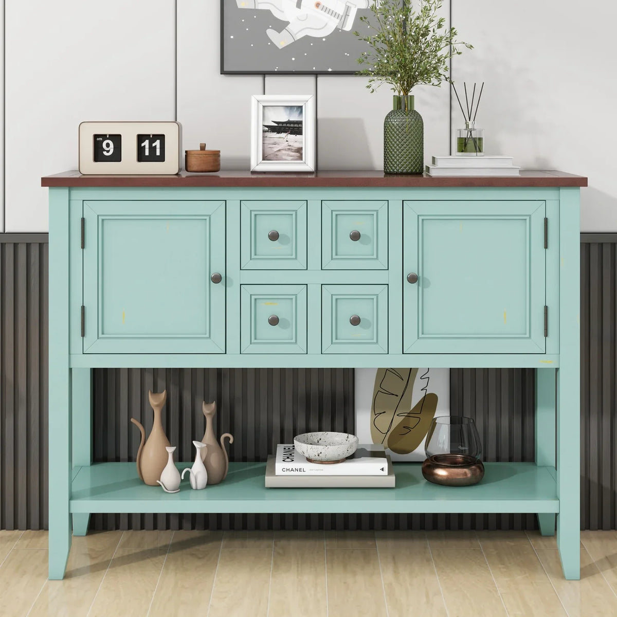 TREXM Cambridge Series Ample Storage Vintage Console Table with Four Small Drawers and Bottom Shelf for Living Rooms  Entrances and Kitchens (Lime White  OLD SKU  WF190263AAK)