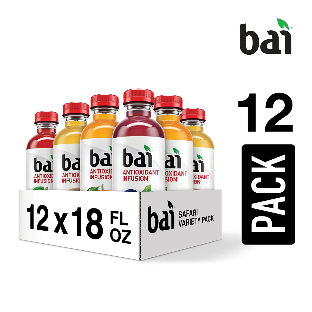 Bai Flavored aqua, Safari Variety Pack, Antioxidant Infused Drinks, 3 Each of Brasilia Blueberry, Costa Rica Clementine, Malawi Mango, Zambia Bing Cherry,18 Fl Oz Bottles (Pack of 12)
