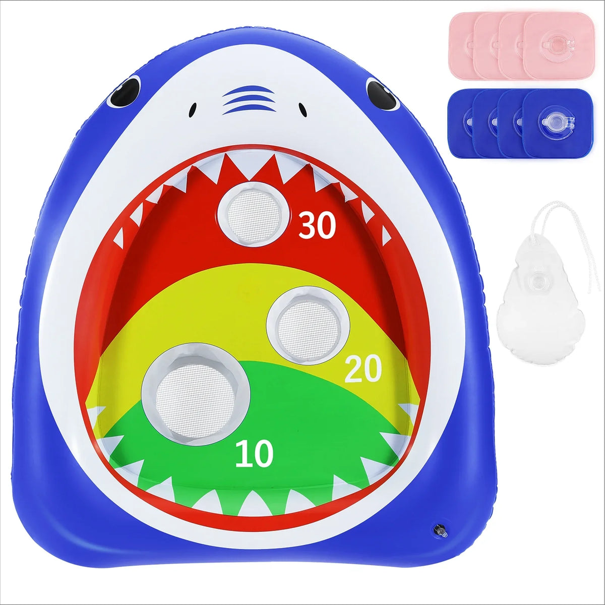MoKo Pool Shark Ring Toss Games Toys with 8 Sandbag, Summer Inflatable Floating Toy for Kids Adults Family Party aqua Carnival, Blue