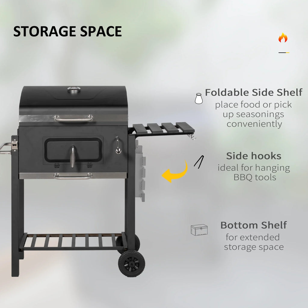 Homiyad Charcoal BBQ Grill, Outdoor Portable Cooker for Camping Or Backyard Picnic with Side Table, Bottom Storage Shelf, Wheels and Handle, Black