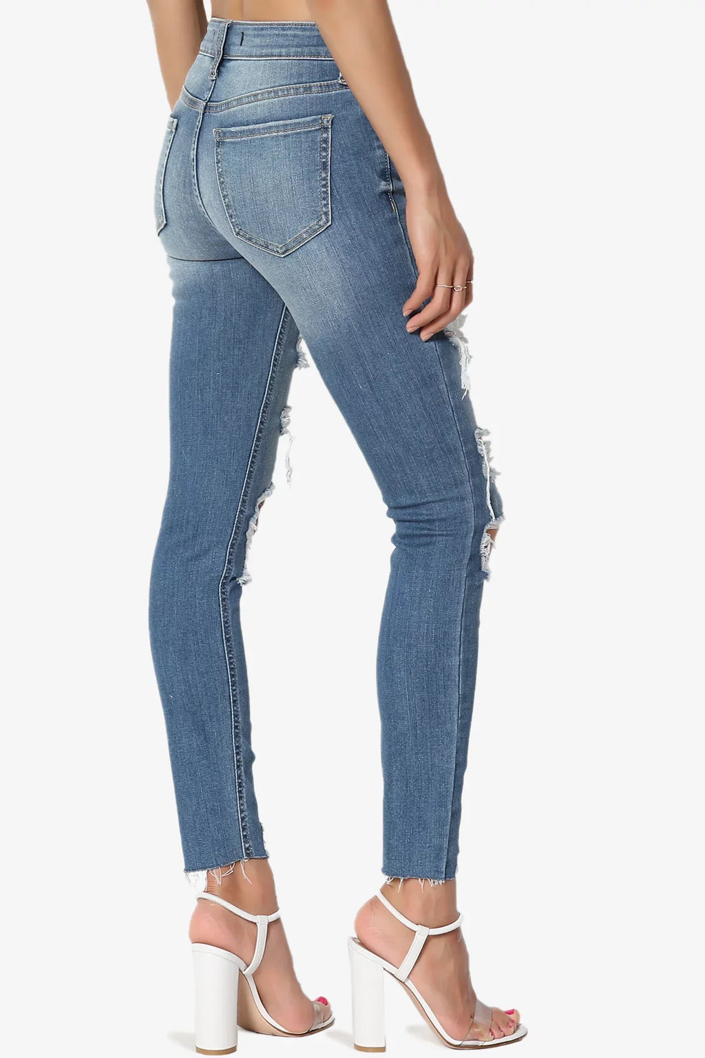 TheMogan Women's Distressed Ripped Mid Rise Stretch Perfect Skinny Jeans in Deep MD