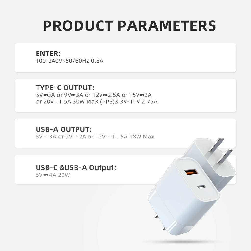 30W USB Charger with Type-C Cable Dual-Port Charging for DJI Mini 2/Mini 3 Pro Charging Parts