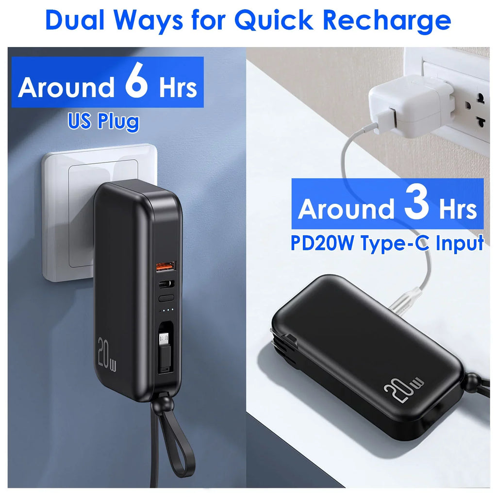10000mAh iMounTEK Portable Charger 3 Inbuilt CablesType-C/LT/Micro-USB PD20W QC18W Fast Charging 5 Outputs External Battery Pack Fit For IOSPhone 14 Android
