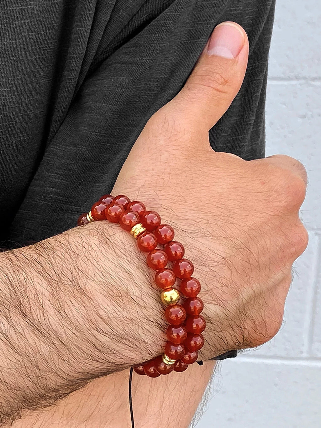Coastal Jewelry Men's Red Agate Stone and Gold Plated Stainless Steel Beaded Adjustable Bracelet (8mm)