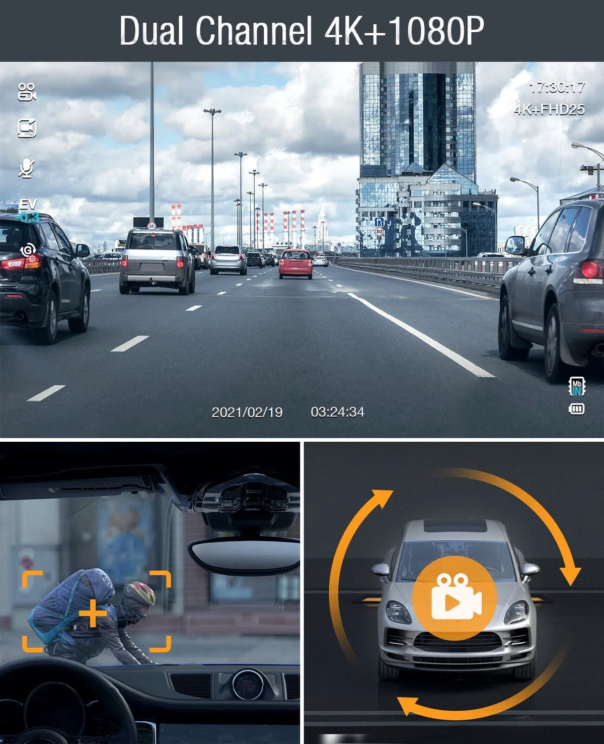 4K Dash Camera  TOGUARD 4K+1080P Dash Cam Front and Inside 3" LCD Screen Car Camera Loop Recording Parking Mode G-Sensor
