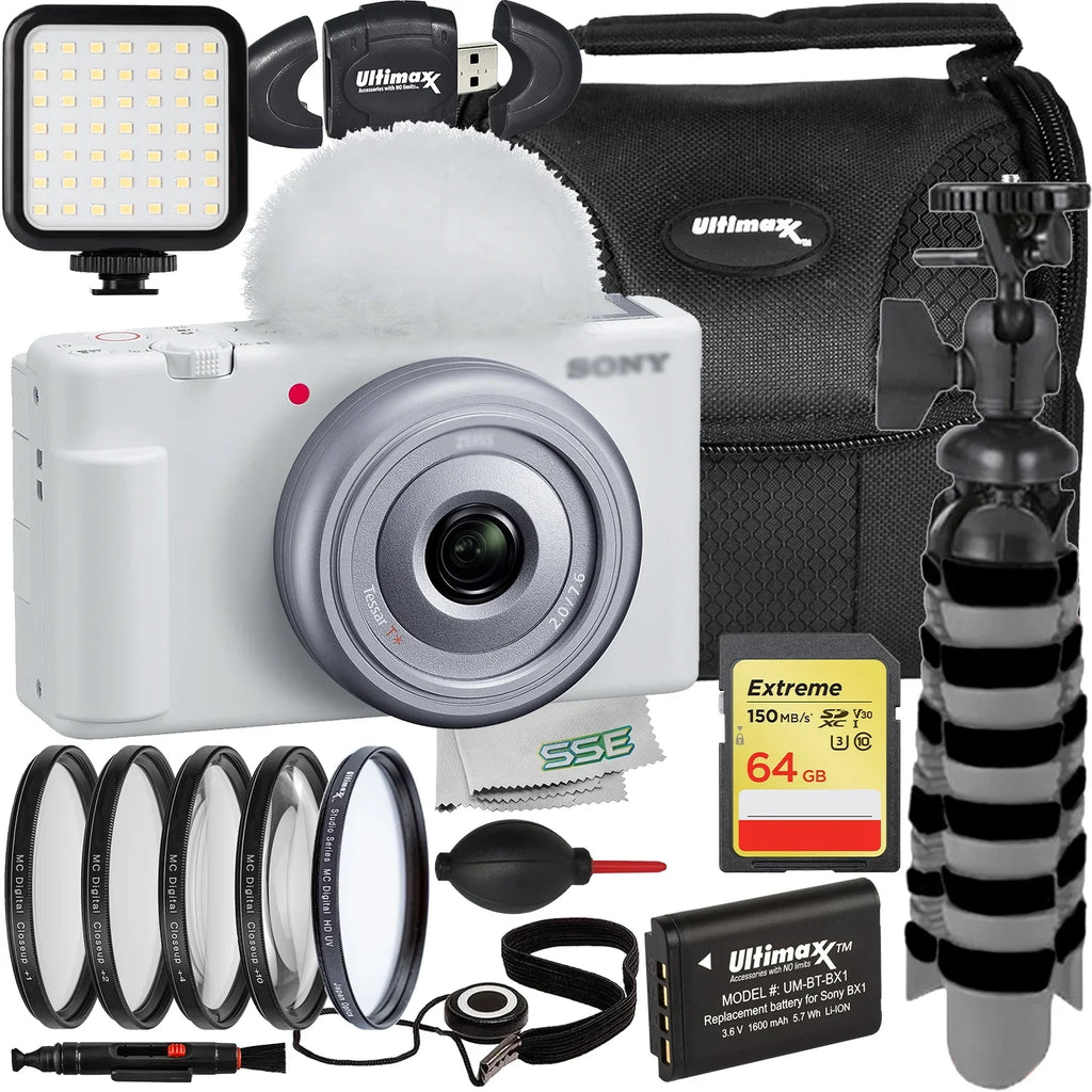 Ultimaxx Essential  ZV-1F Camera Bundle (White) - Includes: 64GB Extreme Memory Card, 4PC Macro Close-Up Filter Kit, Replacement Battery & More (20pc Bundle)