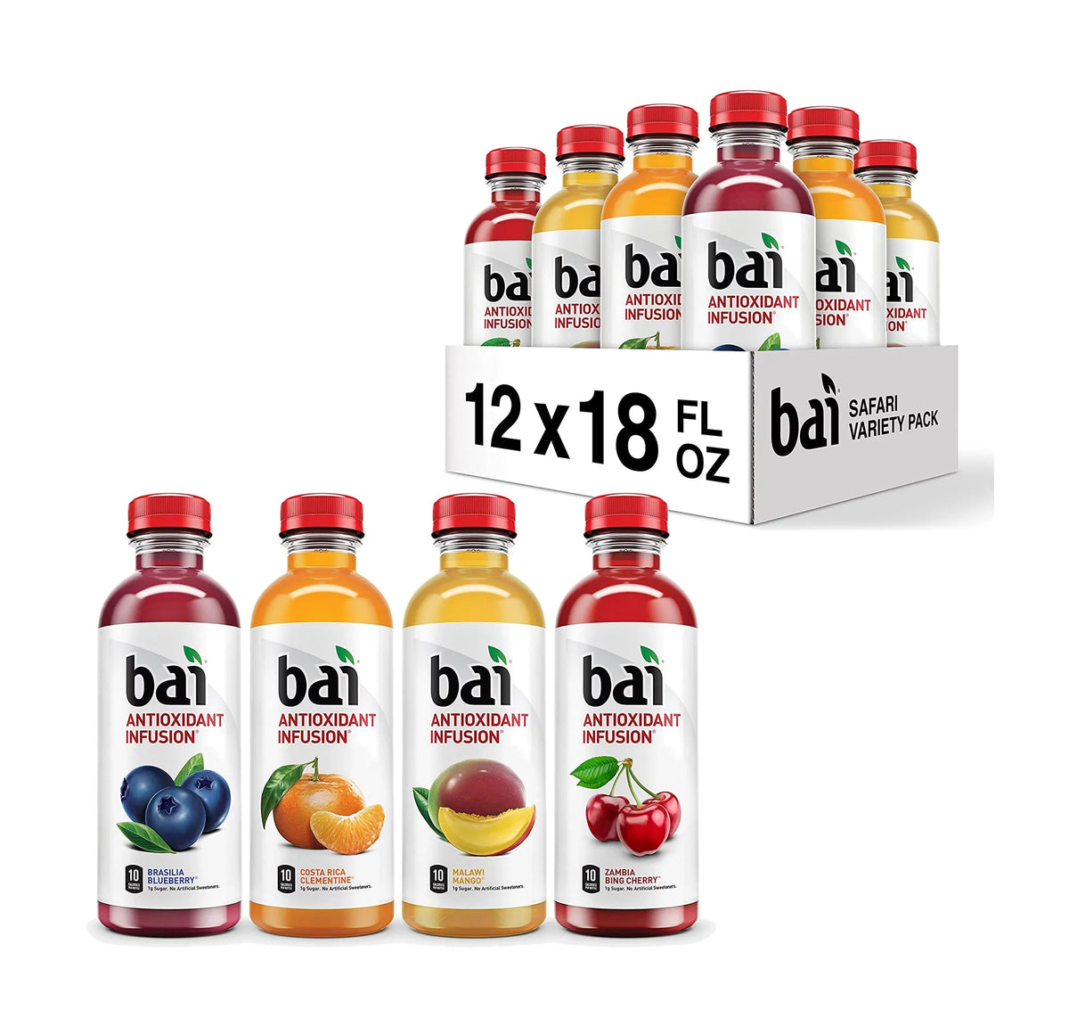 Bai Flavored aqua, Safari Variety Pack, Antioxidant Infused Drinks, 3 Each of Brasilia Blueberry, Costa Rica Clementine, Malawi Mango, Zambia Bing Cherry,18 Fl Oz Bottles (Pack of 12)