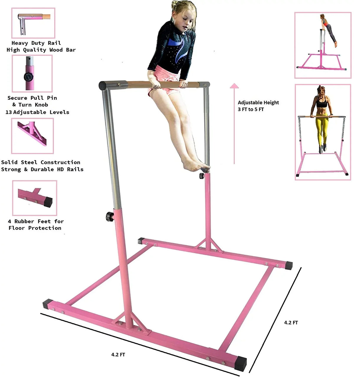 Pro-Gymnastics Expandable Gymnastics Kip Bar Horizontal Bar Junior Gymnastic Training High Bar Asymmetric Bar 13 Level Height Adjustable 3 to 5 FT Cushioned Bar & Curved Legs (Pink)
