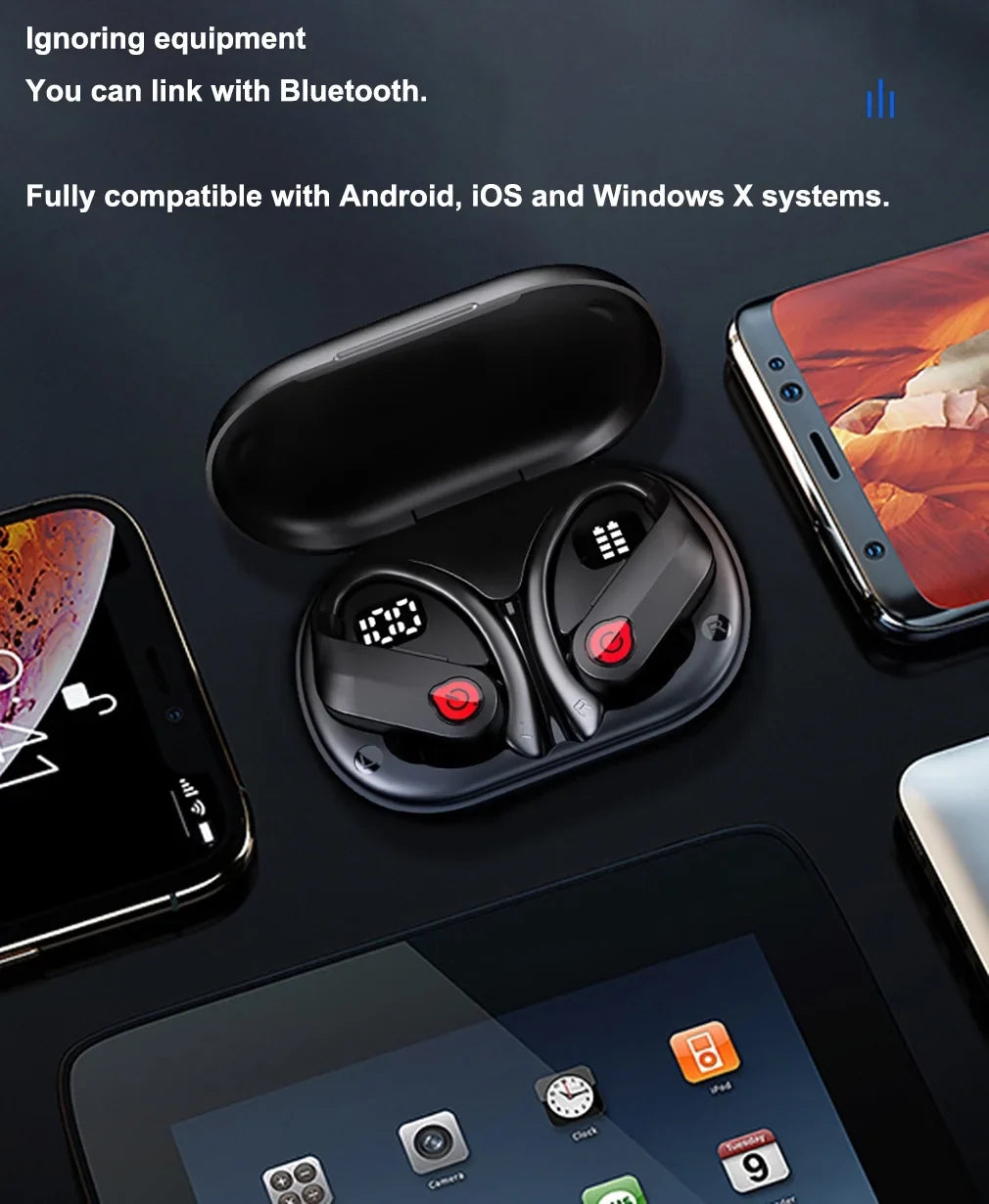 Bluetooth Headphones Wireless Earbuds 20hrs Playtime Charging Case Digital Display Sports Ear buds with Earhook Premium Deep Bass IPX7 Waterproof Over-Ear Earphones for TV Phone Laptop Black