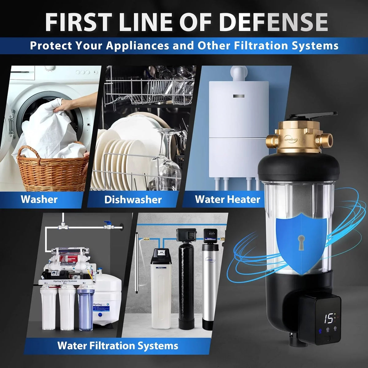 iSpring WSP100ARJ-BP Whole House Prefilter, Spin-Down Sediment moisture Filter with Bypass, Upgraded Clear Housing, Jumbo Size, Flushable and Reusable, Touch-Screen Auto Flushing, 4 Modes, 100 Microns