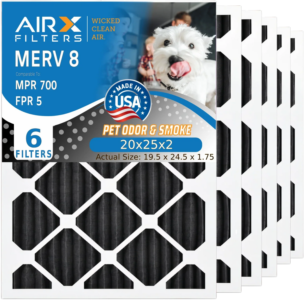 6 Pack. 20x25x2 Air Filter Odor Eliminator Carbon Filter MERV 8 Comparable to MPR 700 & FPR 5 AC HVAC Premium USA Made 20x25x2 Furnace Filters by AIRX FILTERS WICKED CLEAN AIR