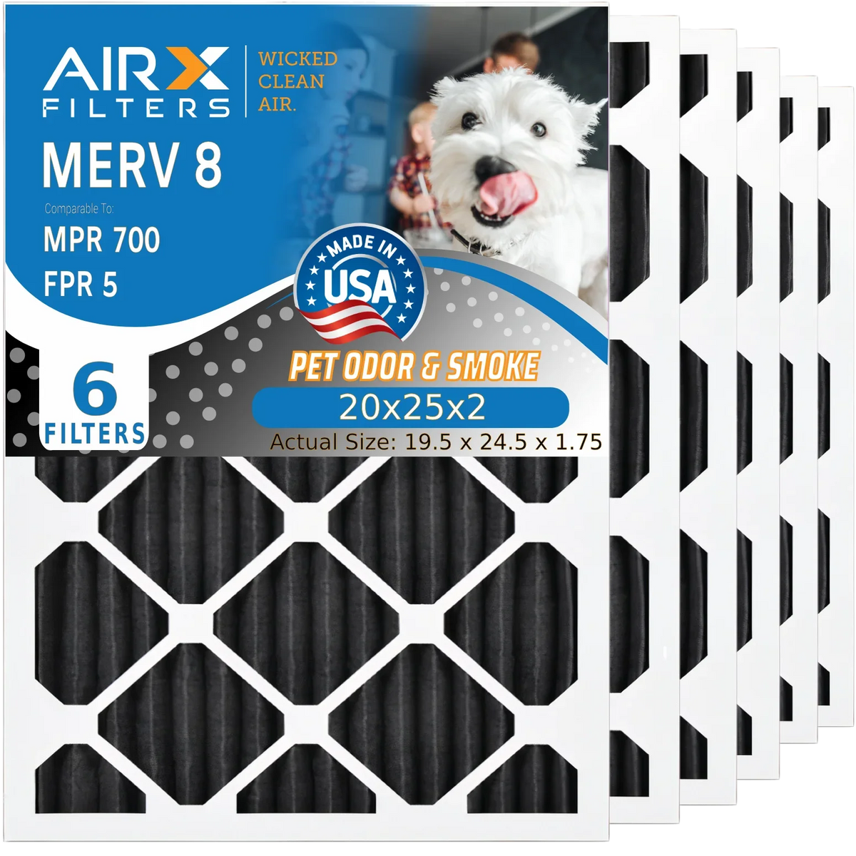 6 Pack. 20x25x2 Air Filter Odor Eliminator Carbon Filter MERV 8 Comparable to MPR 700 & FPR 5 AC HVAC Premium USA Made 20x25x2 Furnace Filters by AIRX FILTERS WICKED CLEAN AIR