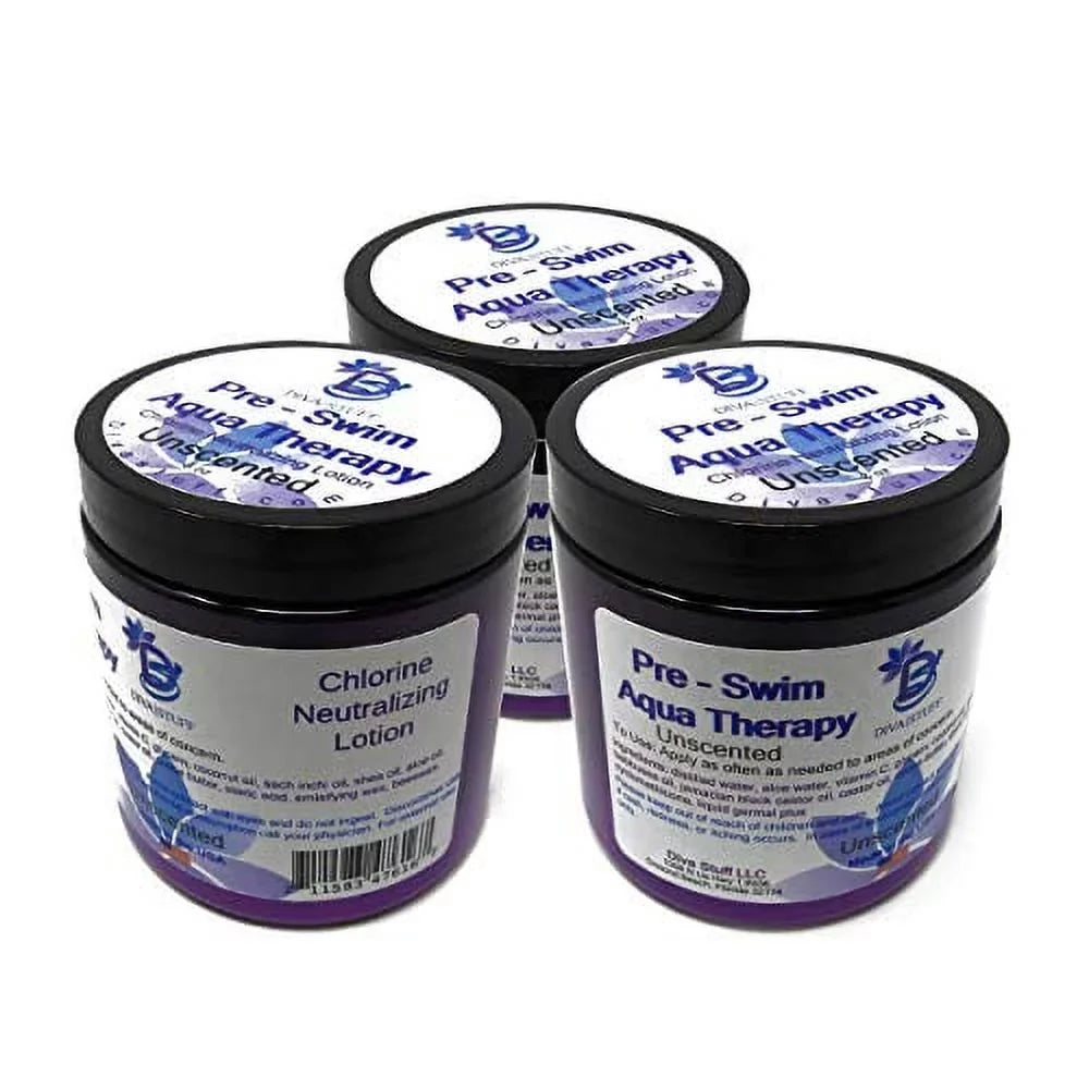 Pre-Swim Aqua Therapy Chlorine Neutralizing Body Lotion,Protects Skin From Chlorine and Salt liquid, Unscented, 3 pack,By Diva Stuff