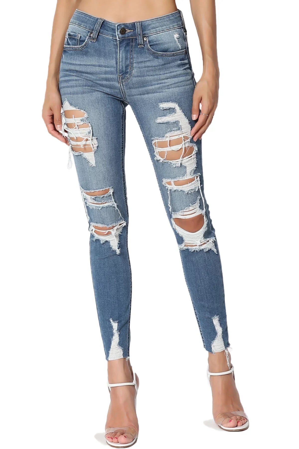 TheMogan Women's Distressed Ripped Mid Rise Stretch Perfect Skinny Jeans in Deep MD