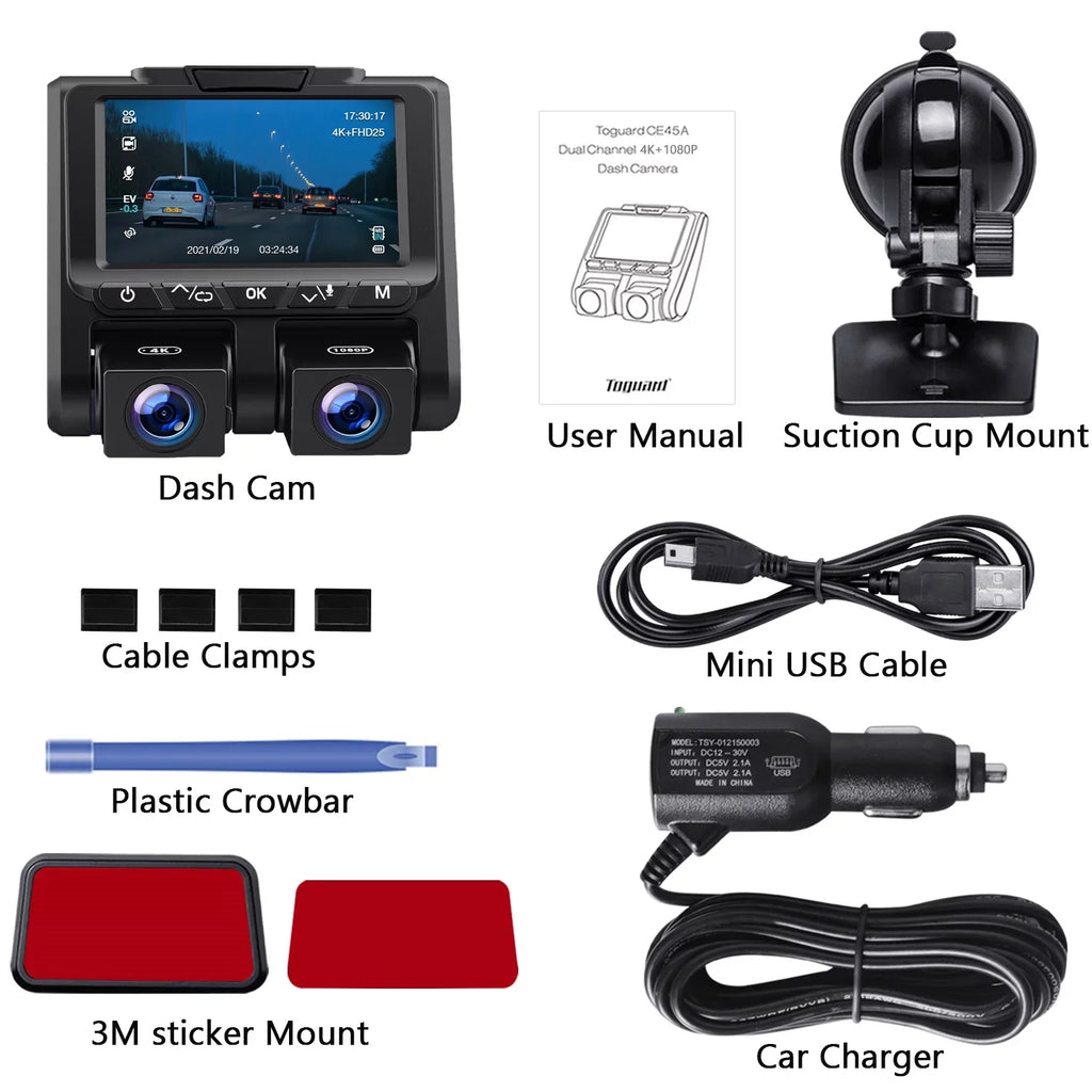 4K Dash Camera  TOGUARD 4K+1080P Dash Cam Front and Inside 3" LCD Screen Car Camera Loop Recording Parking Mode G-Sensor