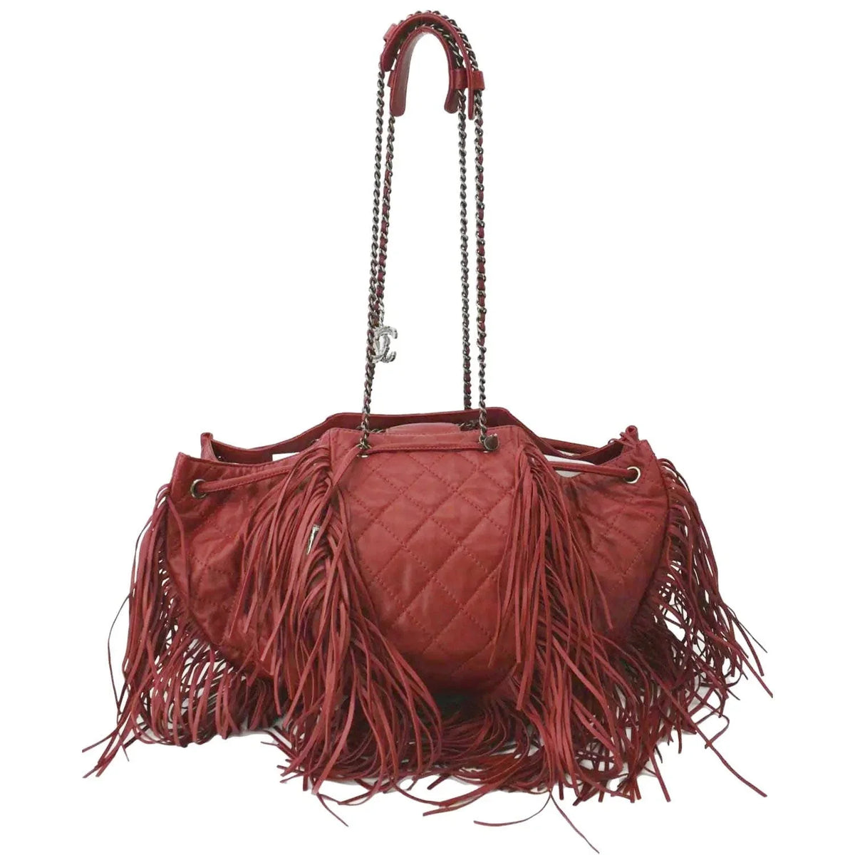 Pre-Loved CHANEL Paris Dallas Drawstring Fringe Leather Shoulder Bag Red