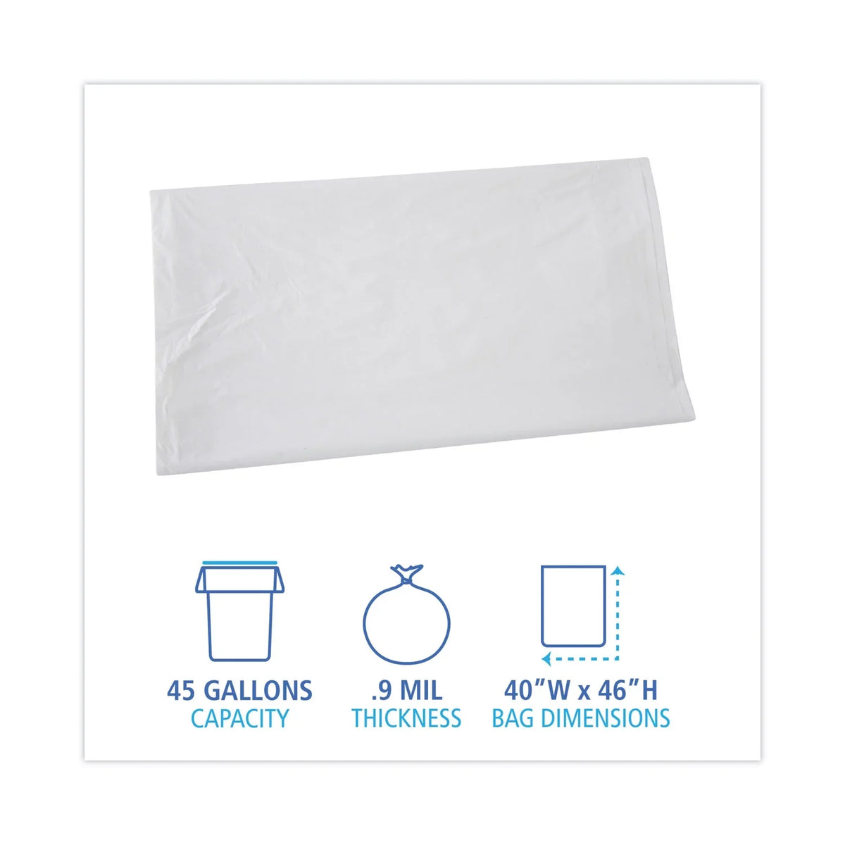 Boardwalk Linear Low Density Industrial Trash Bags, 45 gal, 0.9 mil, 40 x 46, White, 100/Carton