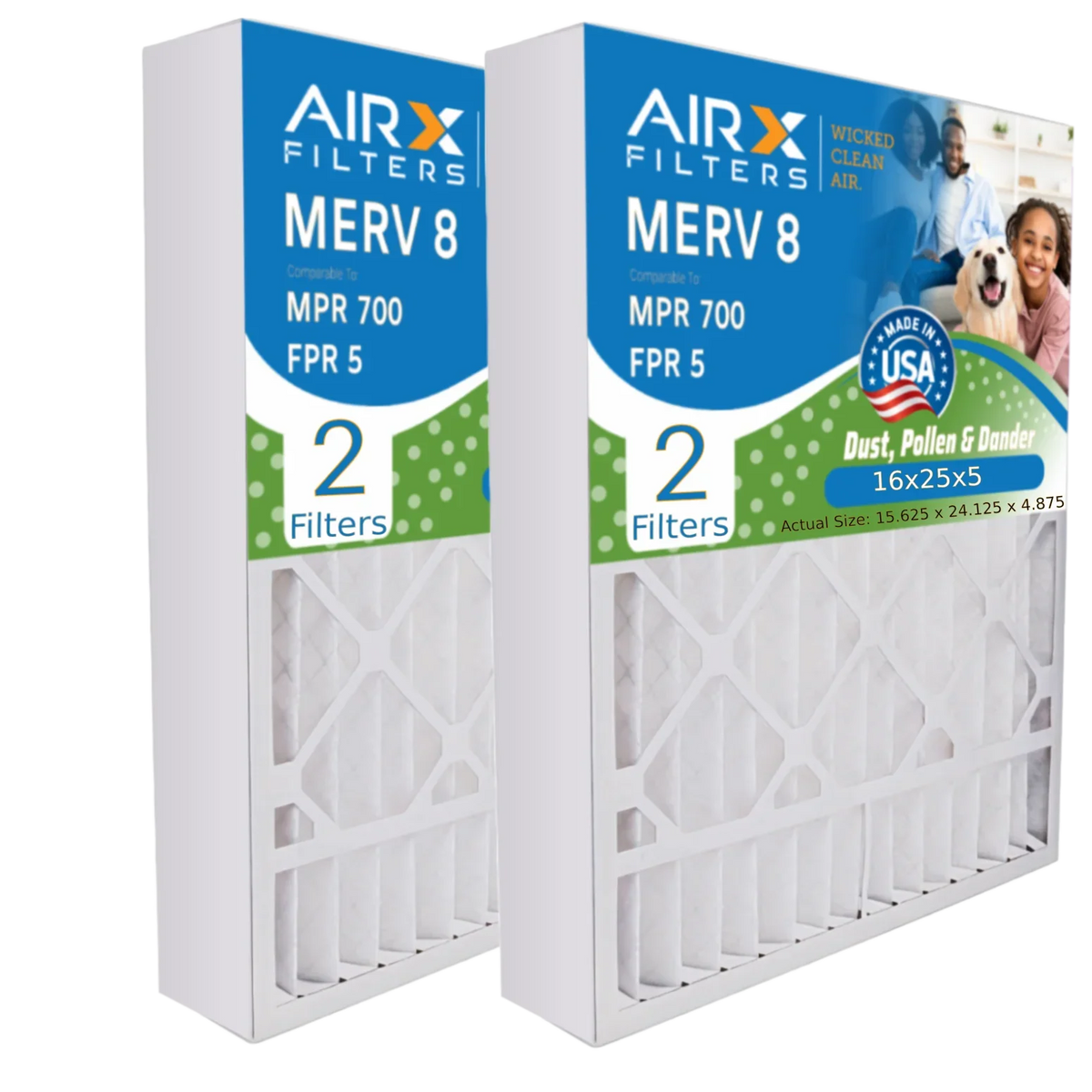 16x25x5 Air Filter MERV 8 Comparable to MPR 700 & FPR 5 suitable with ReservePro 4511 Premium USA Made 16x25x5 Furnace Filter 2 Pack by AIRX FILTERS WICKED CLEAN AIR.