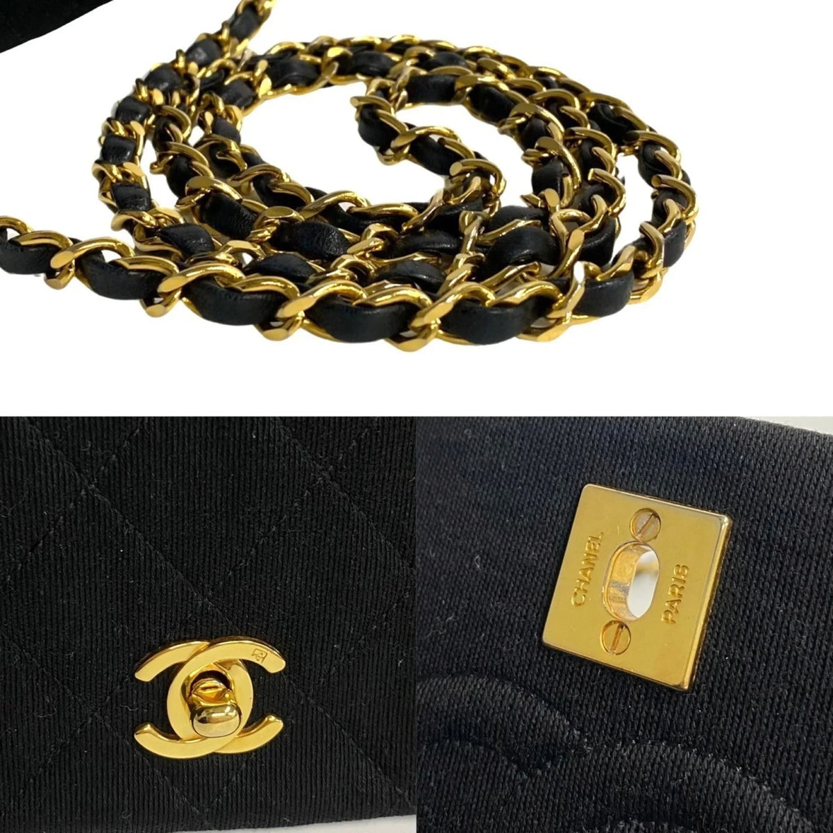 Pre-Owned CHANEL Matelasse Cotton Lambskin Turnlock Full Flap Chain Shoulder Bag Black 73960 (Good)