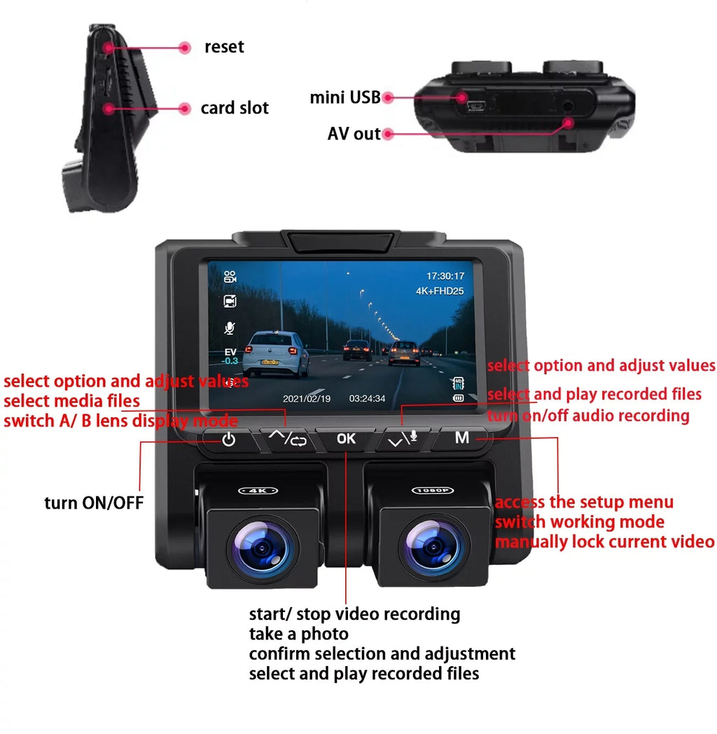 4K Dash Camera  TOGUARD 4K+1080P Dash Cam Front and Inside 3" LCD Screen Car Camera Loop Recording Parking Mode G-Sensor