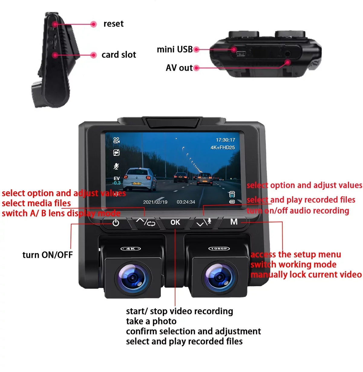4K Dash Camera  TOGUARD 4K+1080P Dash Cam Front and Inside 3" LCD Screen Car Camera Loop Recording Parking Mode G-Sensor