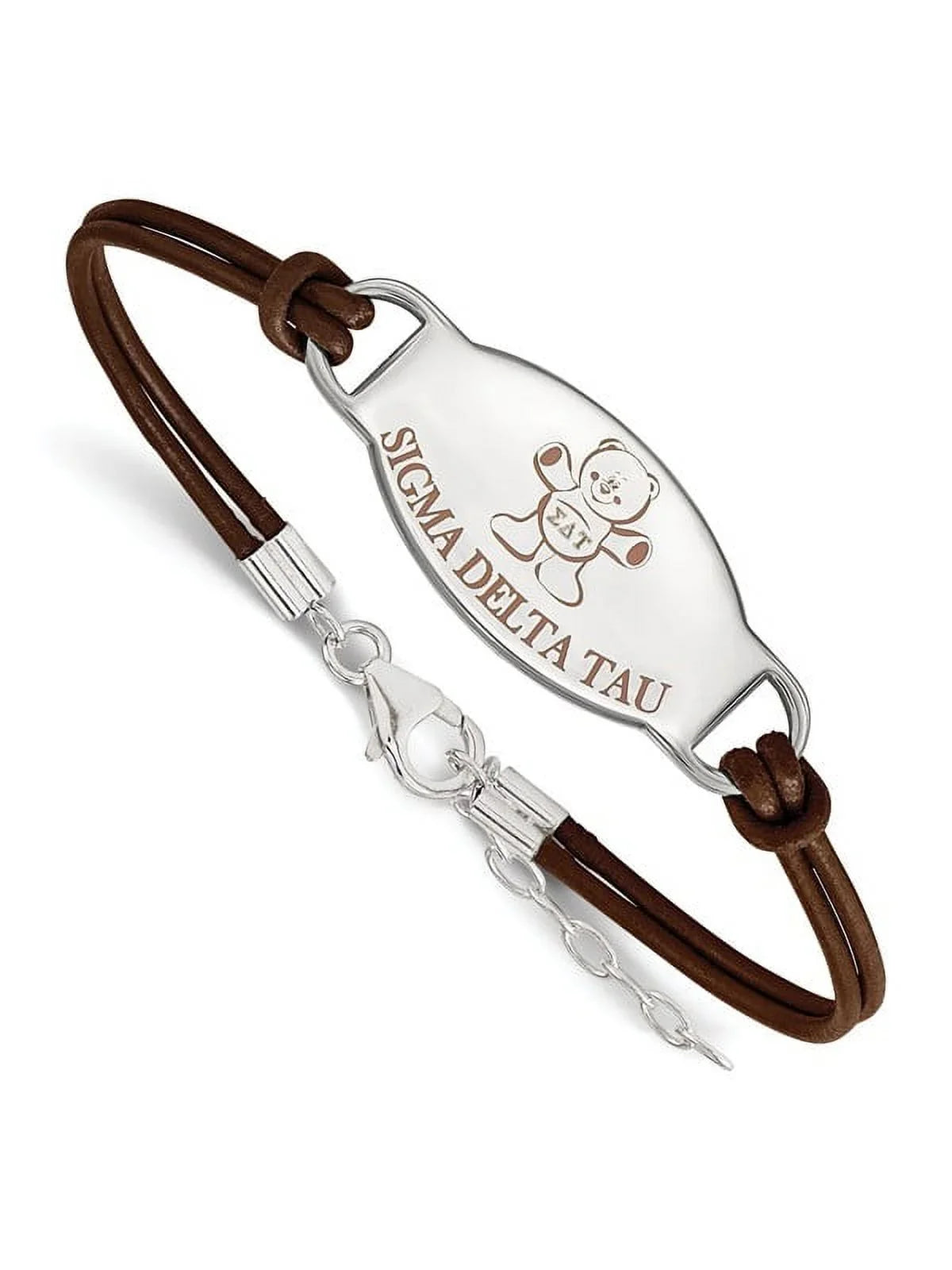 Rh-p LogoArt Sigma Delta Tau Enameled Oval Leather Bracelet. Sterling S