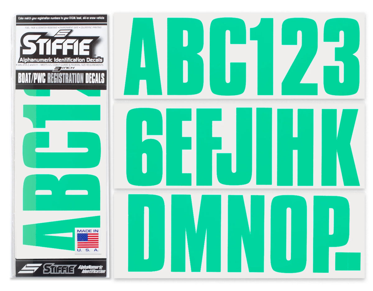 STIFFIE Uniline SeaFoam Green 3" Alpha-Numeric Identification Custom Kit Registration Numbers & Letters Marine Stickers Decals for Boats & Personal Watercraft PWC