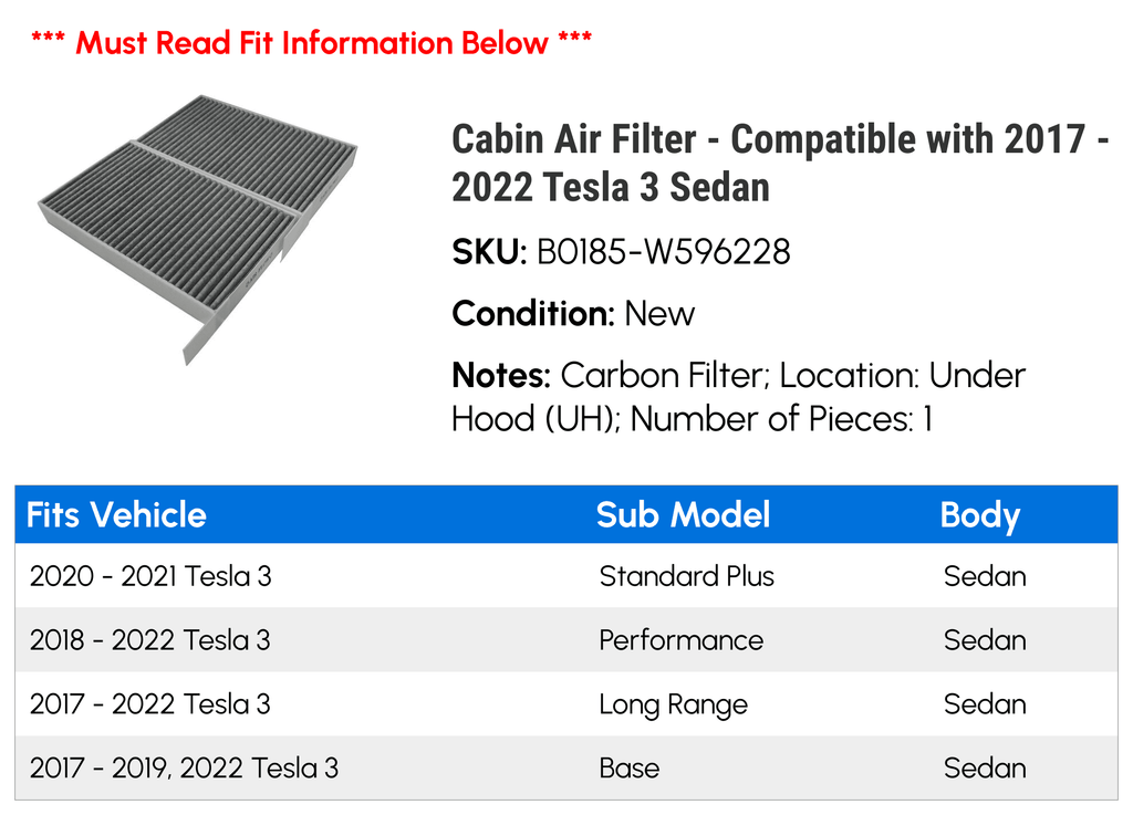 Cabin Air Filter - matching with 2017 - 2022 Tesla 3 Sedan 2018 2019 2020 2021