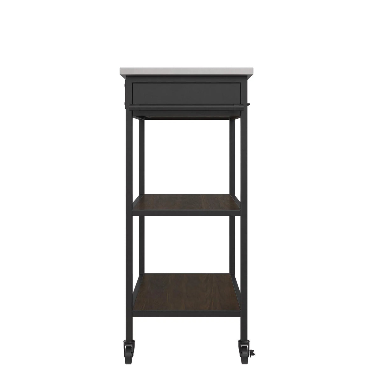 DHP Kane Kitchen Cart, Black Metal Frame, Stainless Steel Counter Top, Pantry Storage, Brown