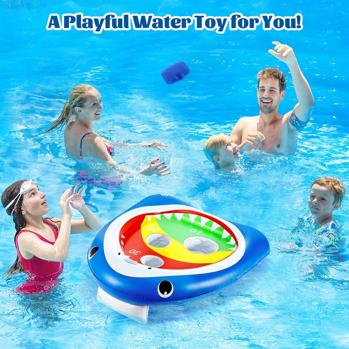 MoKo Pool Shark Ring Toss Games Toys with 8 Sandbag, Summer Inflatable Floating Toy for Kids Adults Family Party aqua Carnival, Blue