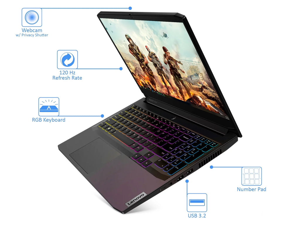 IdeaPad 3i Gaming Laptop, 15.6" 120Hz FHD Display,  Core i7-11370H Upto 4.8GHz, 16GB RAM, 256GB NVMe SSD + 1TB HDD, NVIDIA GeForce RTX 3050 Ti, HDMI, Wi-Fi, Bluetooth, Windows 10 Pro