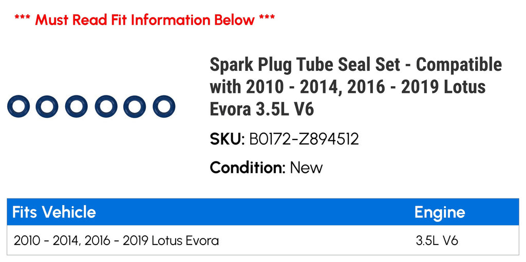 Spark Plug Tube Seal Set - suitable with 2010 - 2014, 2016 - 2019 Lotus Evora 3.5L V6 2011 2012 2013 2017 2018