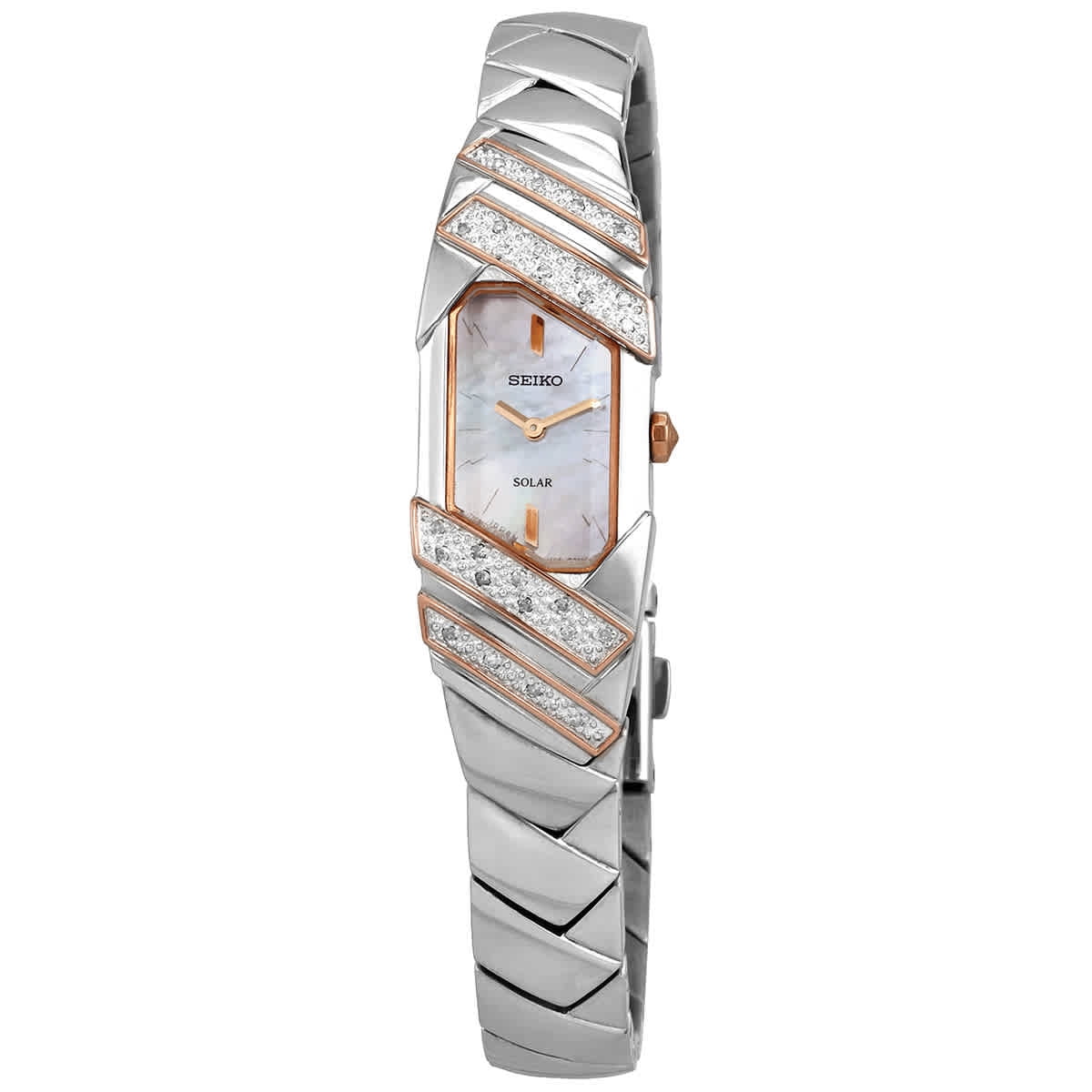 Seiko Women's SUP332 Stainless Steel and Diamond Solar Watch with a Mother of Pearl Dial