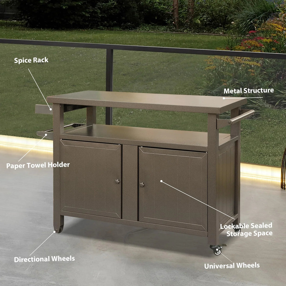 CoSoTower Grill Carts Outdoor Storage Cabinet with Wheels, Metal Outdoor Grill Table Kitchen Dining Table Cooking Prep BBQ Table for Patio, Kitchen Island, Home Party, Bar (Brown)