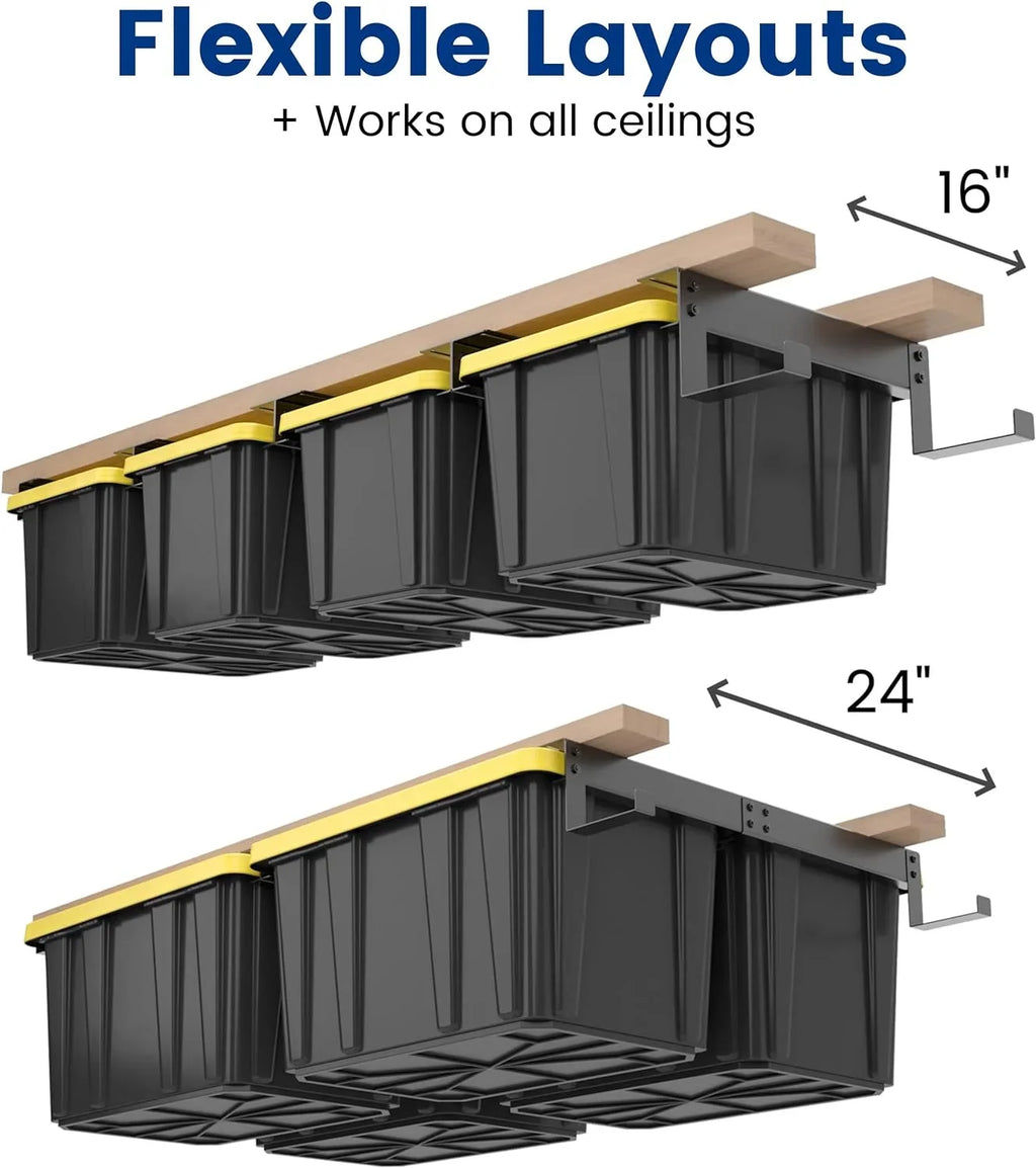 LIHONG Overhead Garage Storage Rack, Bin Organization System, Ceiling Racks, Adjustable Tote Storage Rails, Supports Most Storage Bins, 4 Sets, 2 Hooks