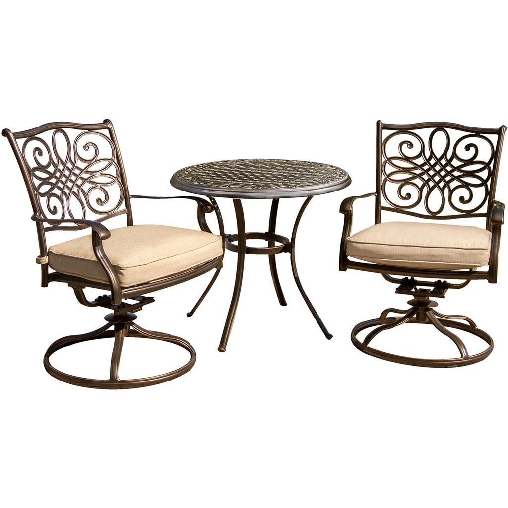 Round Table. Cambridge Seasons 3-Piece Tan Bistro Dining Set, Two Aluminum Swivel Rockers,32 in