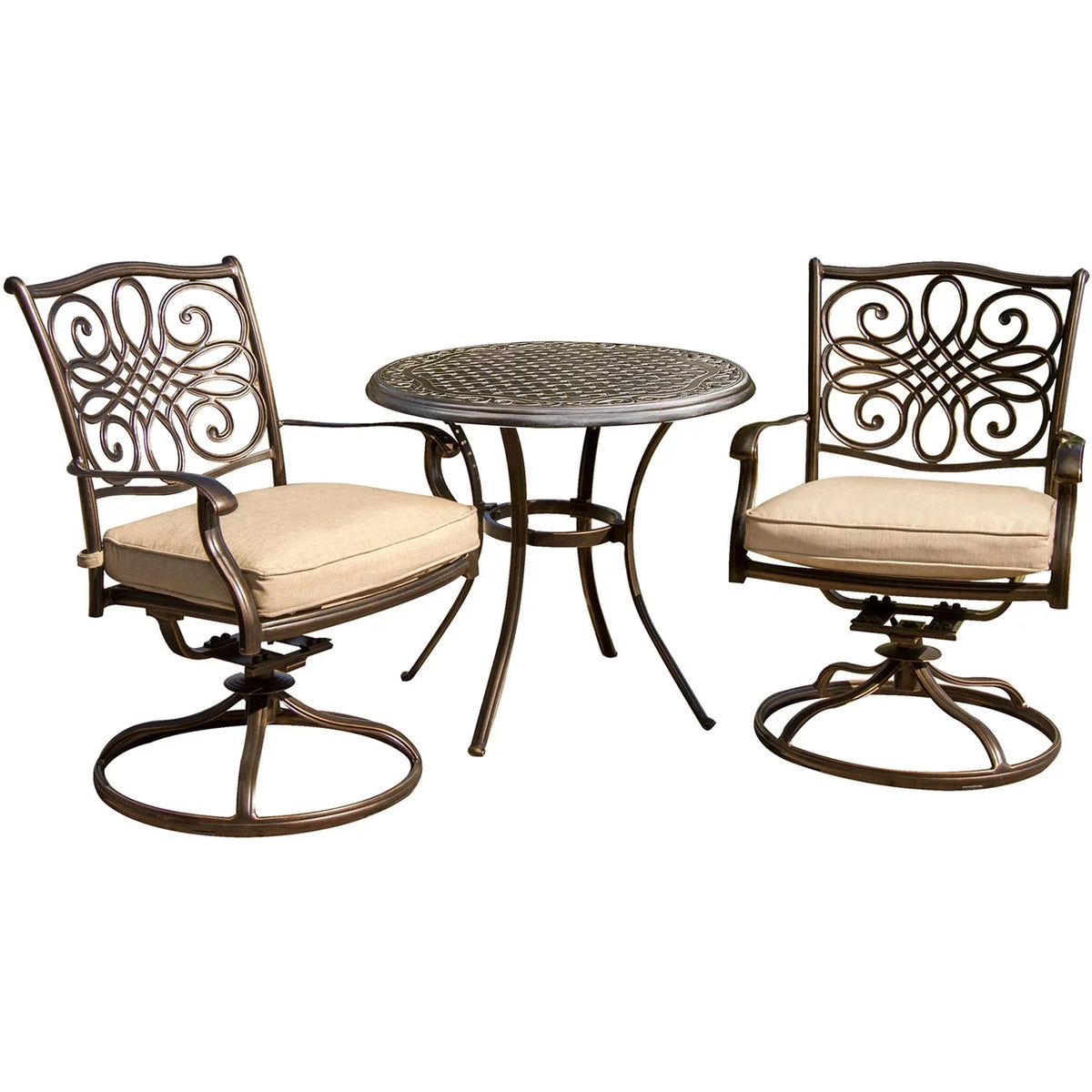 Round Table. Cambridge Seasons 3-Piece Tan Bistro Dining Set, Two Aluminum Swivel Rockers,32 in