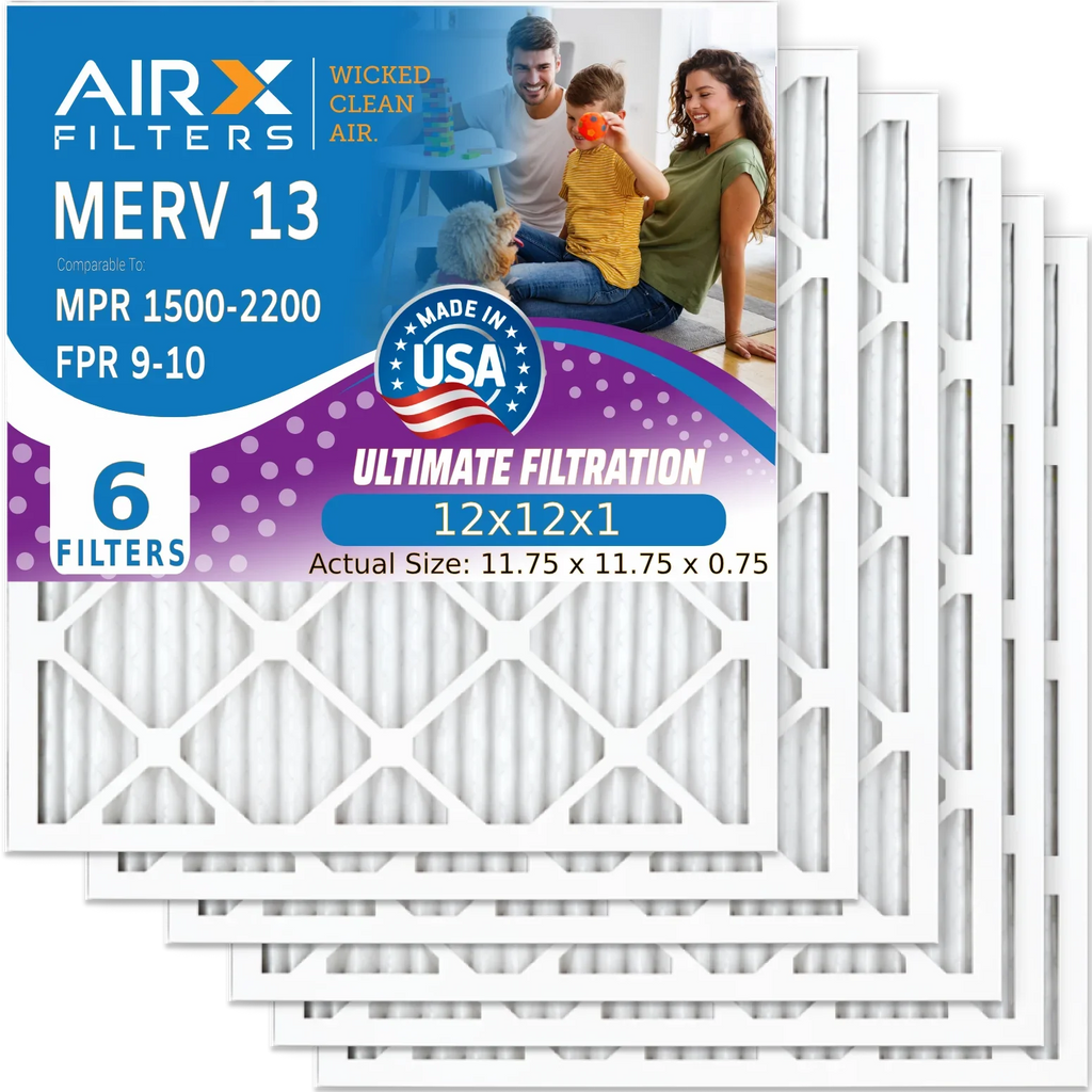 12x12x1 Air Filter MERV 13 Comparable to MPR 1500 - 2200 & FPR 9 Electrostatic Pleated Air Conditioner Filter 6 Pack HVAC AC Premium USA Made 12x12x1 Furnace Filters by AIRX FILTERS WICKED CLEAN AIR.