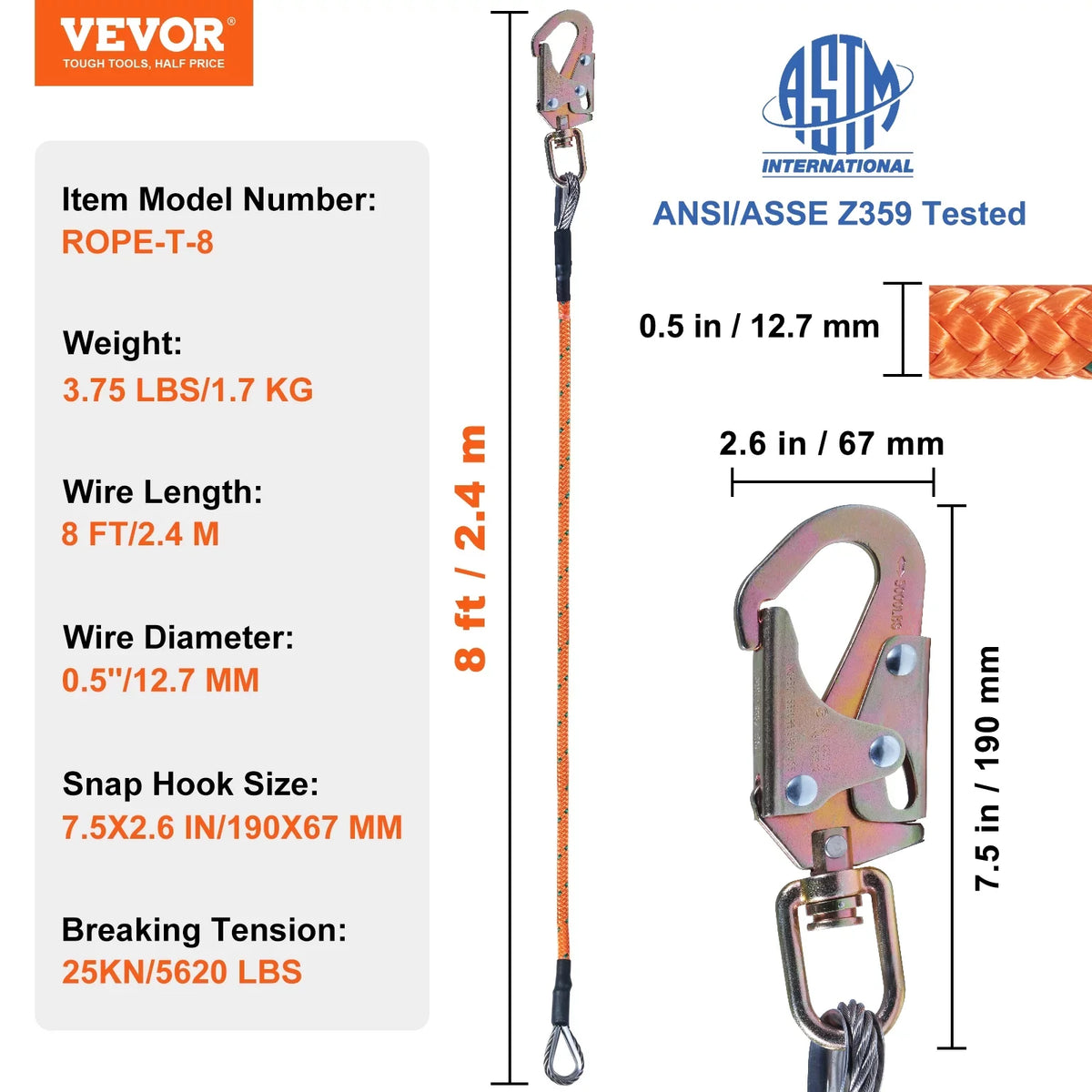 BENTISM Steel Core flipline, 1/2" x 8' Arborist Flipline, Flip Line for Tree Climbing with Alloy Steel Snap Hook, Aluminum Alloy Carabiner and Extra Tool Lanyard, for Arborist, Tree Climbers