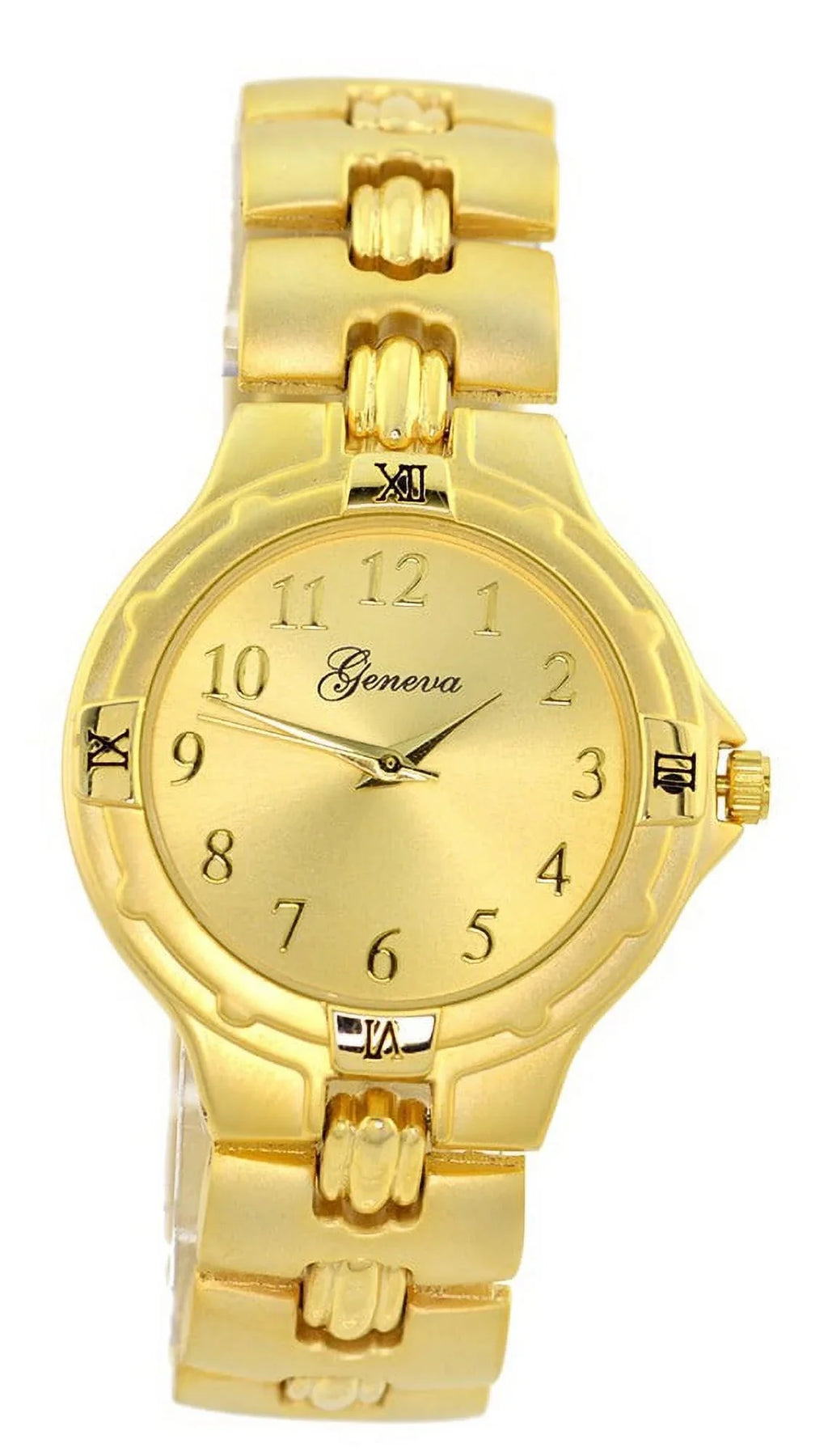 Gold-Tone dial, 17mm wide Gold-tone metal link bracelet fits 7.5 wrists. Ladies Silver-Tone Fashion Desiger Styling watch 38mm 7.5 thick case