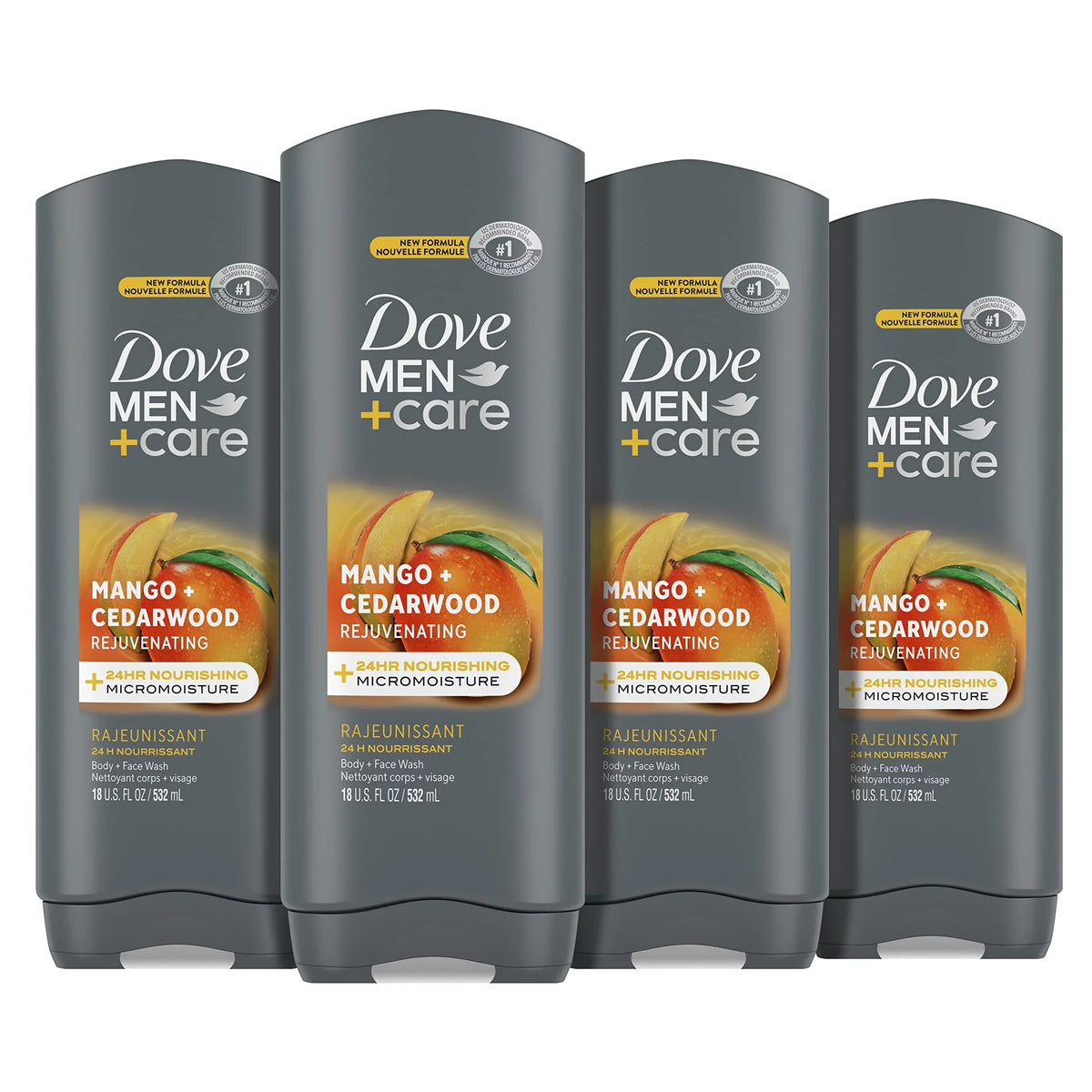 Dove Men + Care Body Wash Rejuvenating Mango + Cedarwood 4 Count For Men With 24-Hour Nourishing Micromoisture Technology 18 Oz