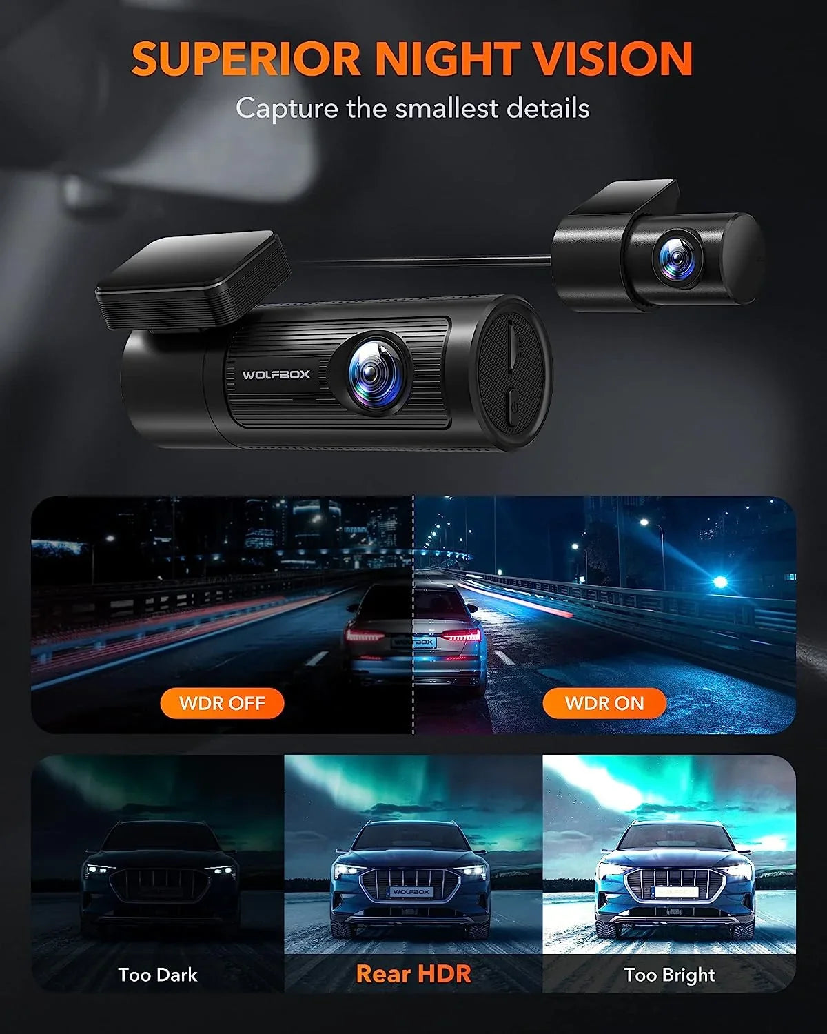 WOLFBOX Dash Cam Front and Rear, 4K UHD Front and 1080P Rear DashCam with GPS & WiFi, Car Dashcam with Night Vision, WDR, Free 32G Card, Loop Recording