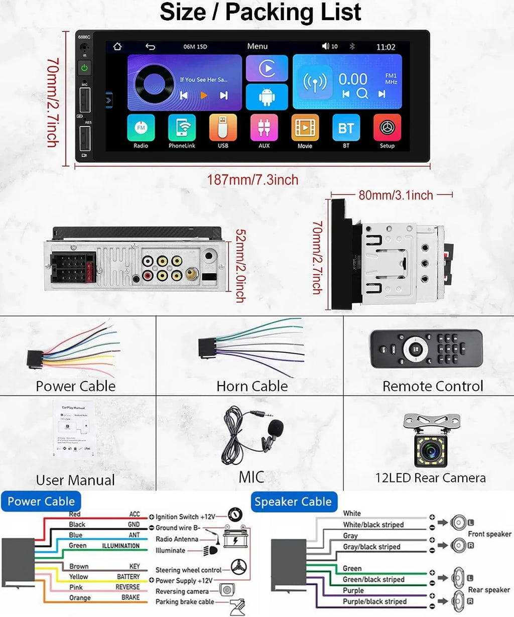 Podofo Single 1 Din 6.86'' HD Touchscreen Car Stereo Radio Wireless Carplay Android Auto Mirror Link Car MP5 Multimedia Player Bluetooth FM Receiver Audio USB,with Mic&Backup Camera