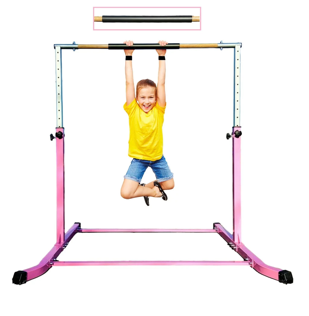 Pro-Gymnastics Expandable Gymnastics Kip Bar Horizontal Bar Junior Gymnastic Training High Bar Asymmetric Bar 13 Level Height Adjustable 3 to 5 FT Cushioned Bar & Curved Legs (Pink)