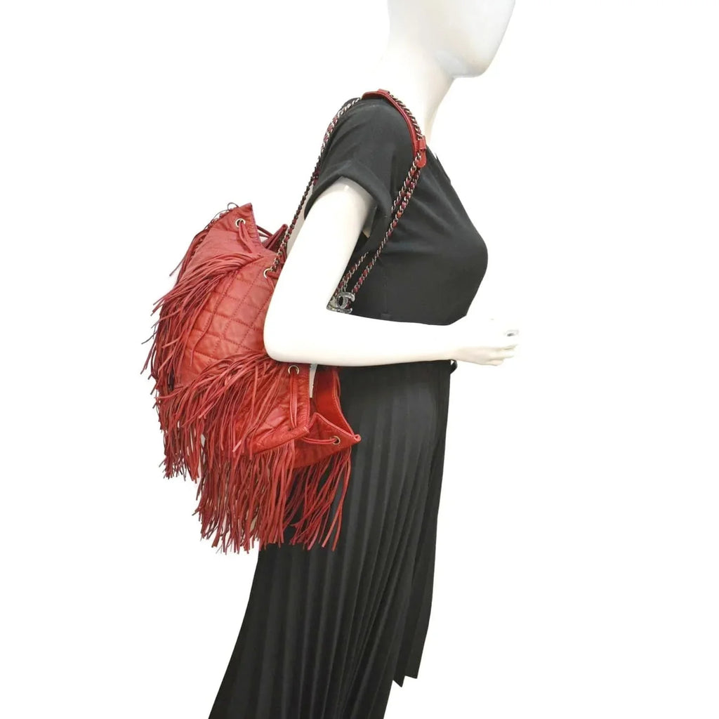 Pre-Loved CHANEL Paris Dallas Drawstring Fringe Leather Shoulder Bag Red