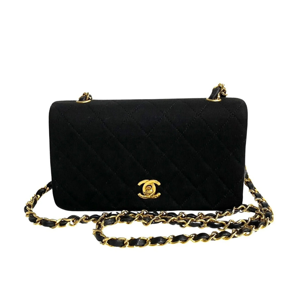 Pre-Owned CHANEL Matelasse Cotton Lambskin Turnlock Full Flap Chain Shoulder Bag Black 73960 (Good)