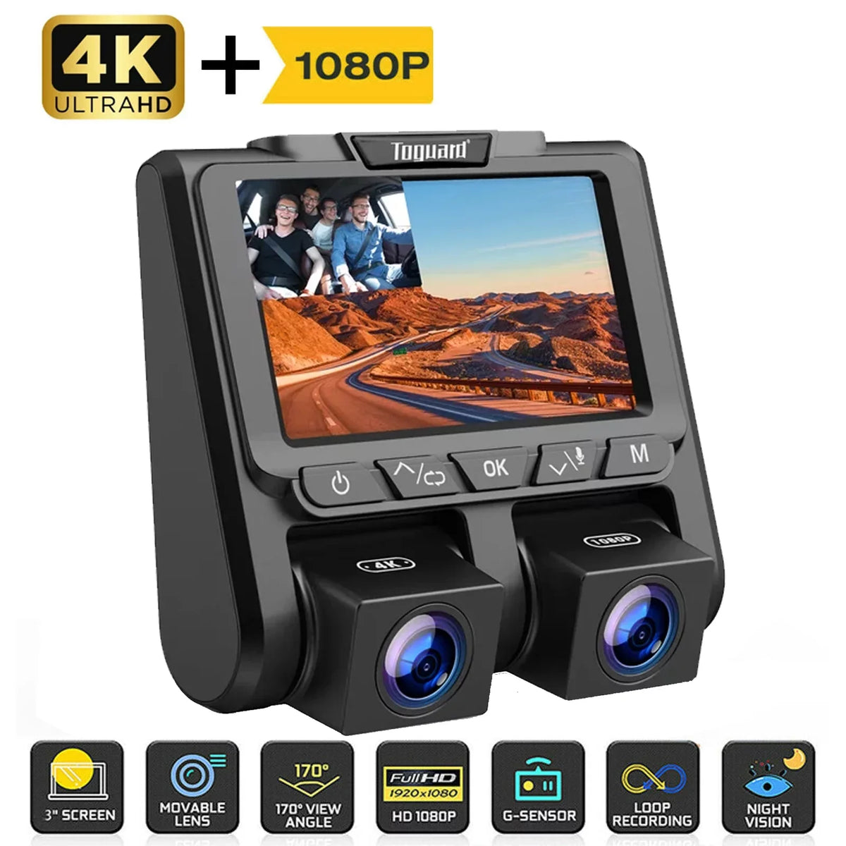 4K Dash Camera  TOGUARD 4K+1080P Dash Cam Front and Inside 3" LCD Screen Car Camera Loop Recording Parking Mode G-Sensor